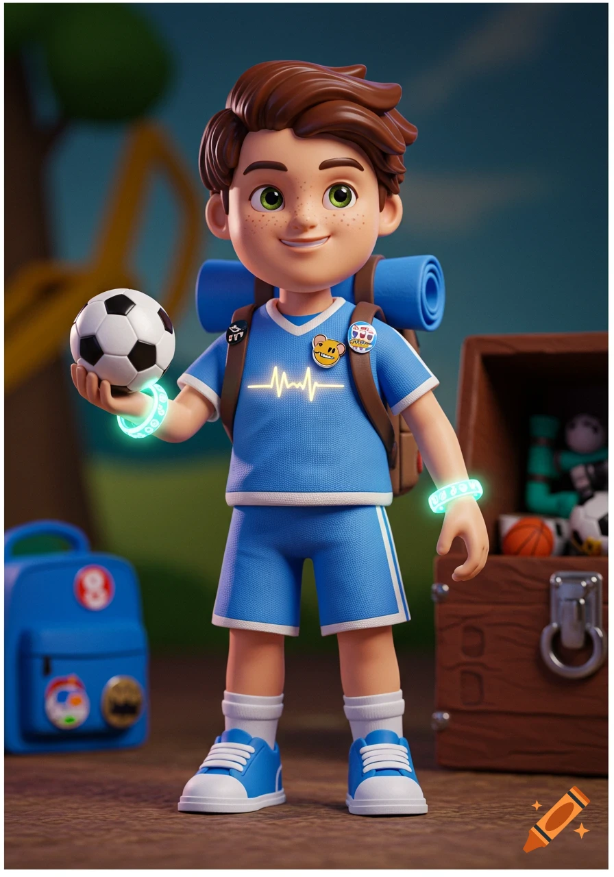 A 3D render of a cheerful, sporty boy action figure holding a soccer ball, wearing blue athletic clothes and a backpack.