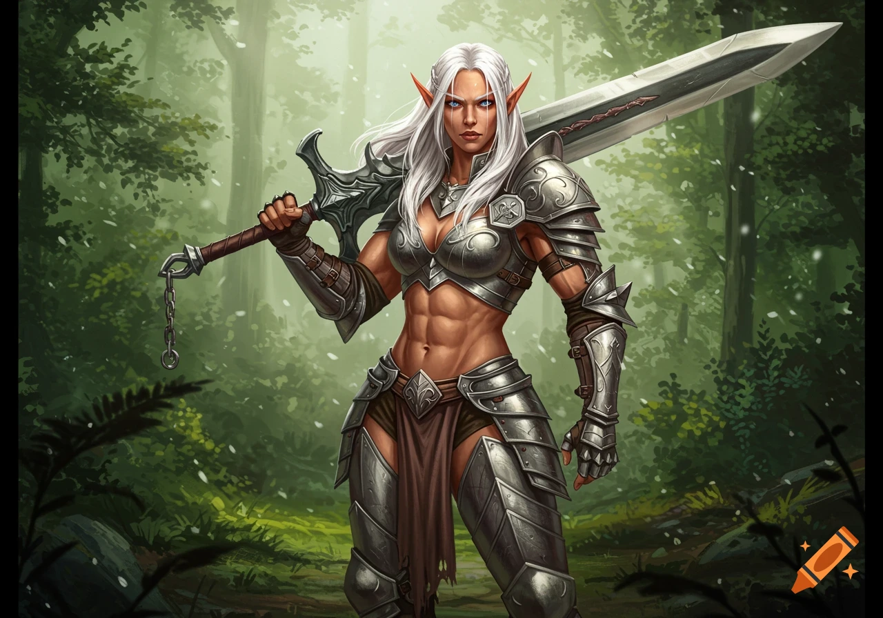 A powerful female half-elf warrior with white hair and silver armor holds a large two-handed sword over her shoulder in a detailed forest setting.