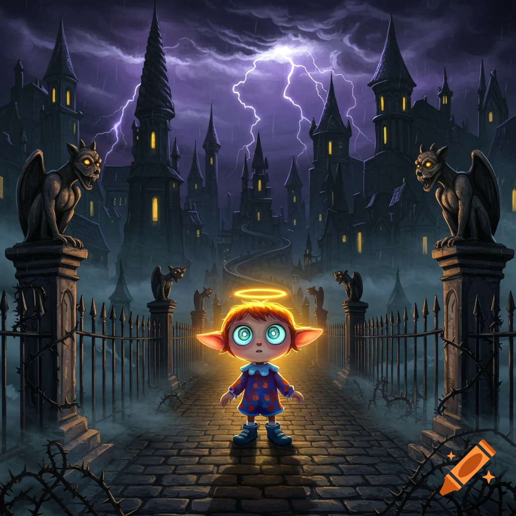 A cartoon character with a halo stands on a thorny path leading to a gothic castle landscape with lightning and gargoyles.