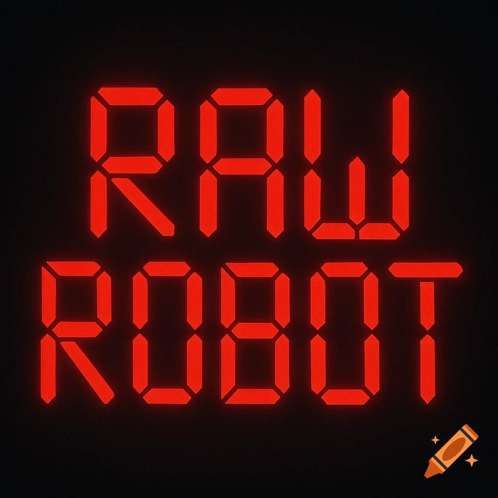 The words "RAW ROBOT" are displayed in bright red, glowing 7-segment LED style text against a black background.