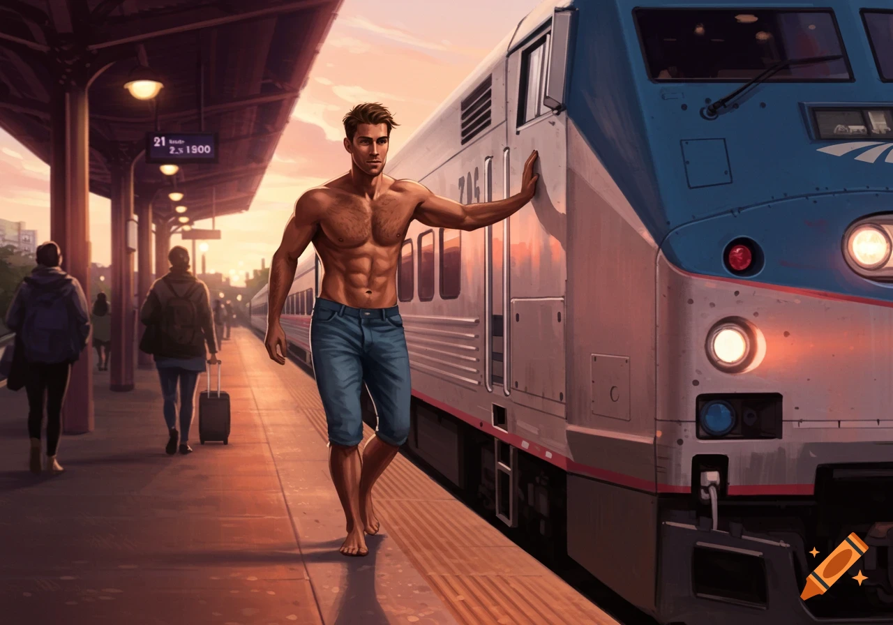 A muscular shirtless man in jeans stands barefoot next to an Amtrak train on a platform at sunset.