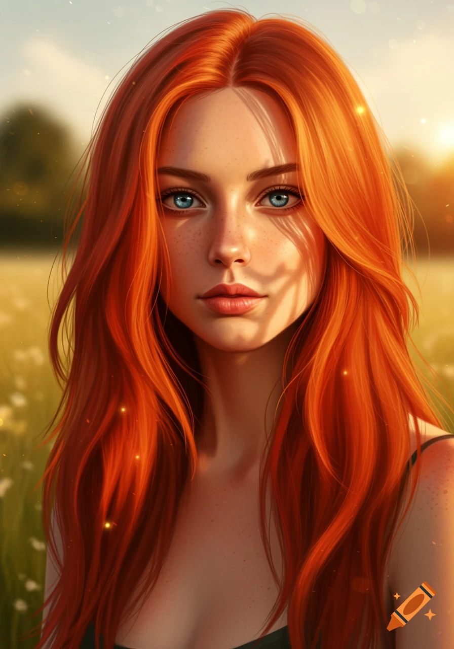 A striking portrait of a woman with long, vibrant red hair and bright blue eyes, standing in a sunny field.