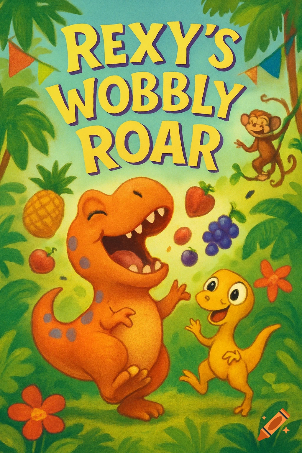 Cartoon children's book cover: 'REXY'S WOBBLY ROAR' with an orange T-Rex roaring, a yellow dinosaur jumping, and a monkey in a jungle.
