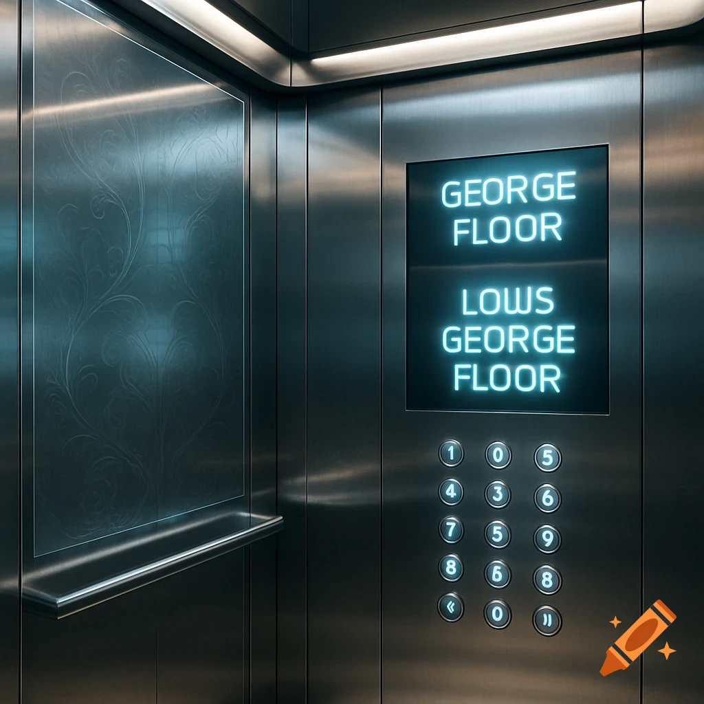 A modern elevator interior with a digital display showing 'George Floor' and 'Lows George Floor' and control buttons.