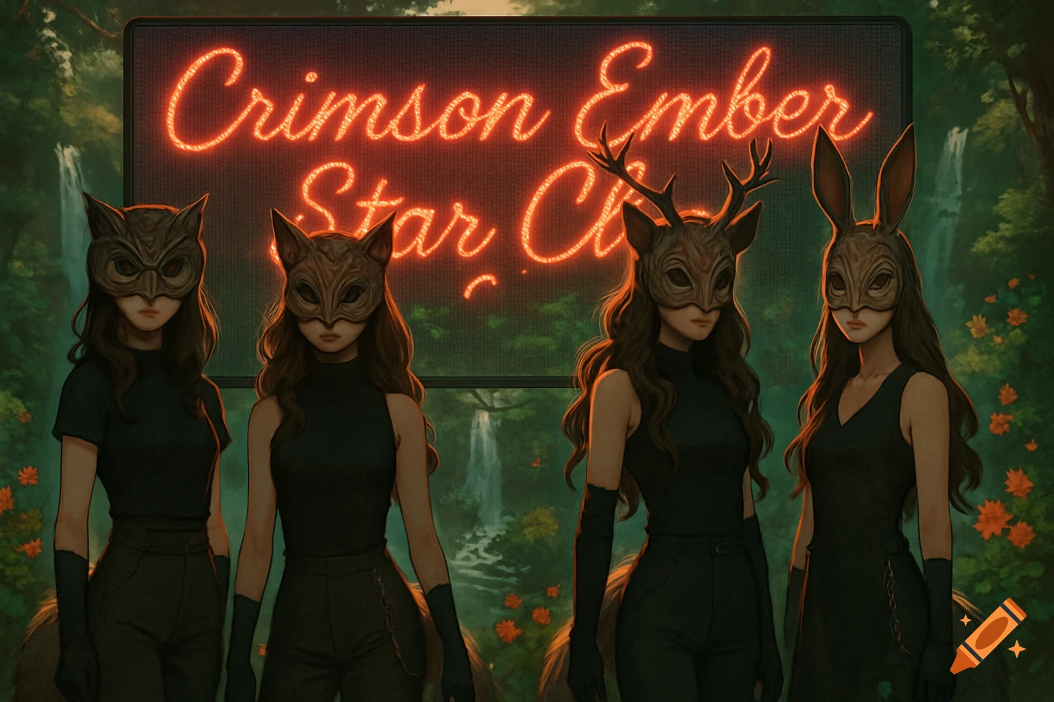 Four women with long dark hair wear ornate animal masks and dark clothing, standing in front of a red neon sign that reads "Crimson Ember Star Club" in a lush forest with waterfalls and orange flowers.