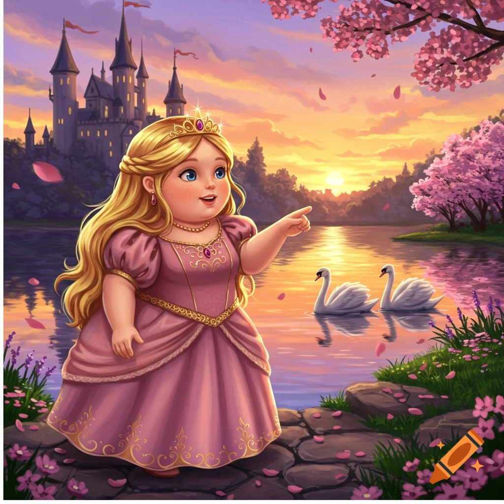 A chubby princess in a pink gown points towards a lake with swans, castle, and cherry blossoms at sunset, in a stylized illustration.