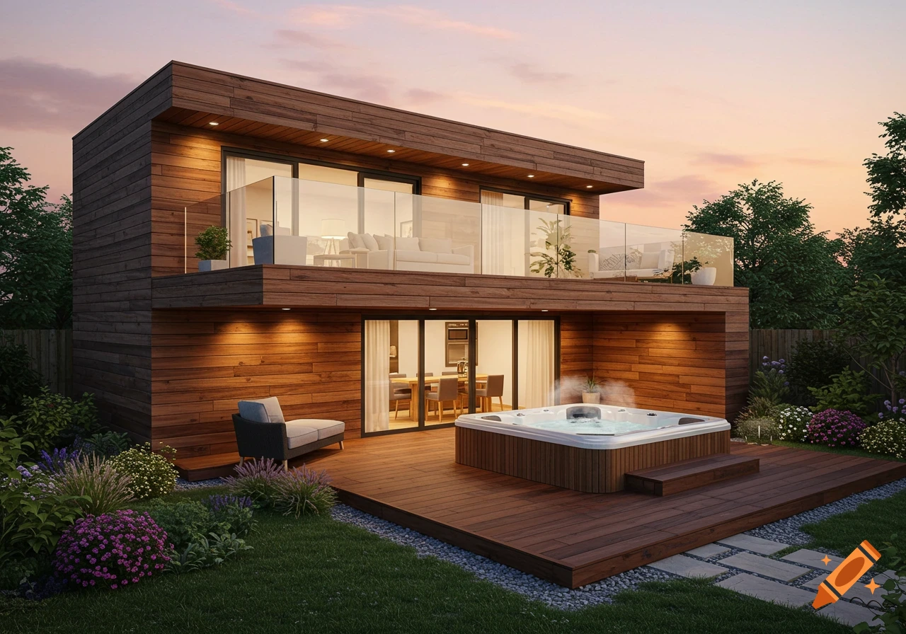 Photorealistic modern wooden house with a two-tiered deck, hot tub, and landscaped garden at sunset.