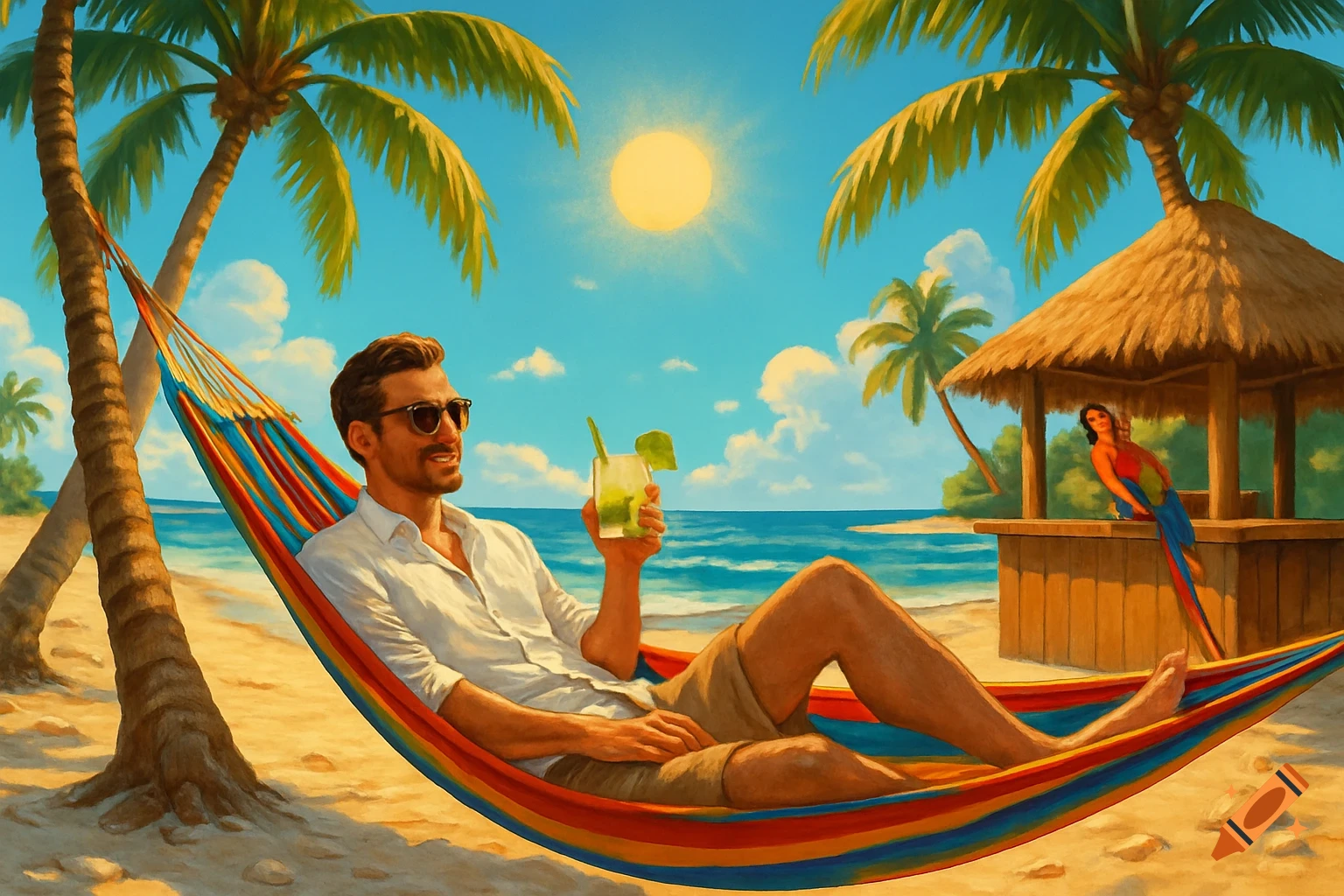 A man in sunglasses relaxes in a colorful hammock on a sunny tropical beach under palm trees, holding a drink. Painterly style.