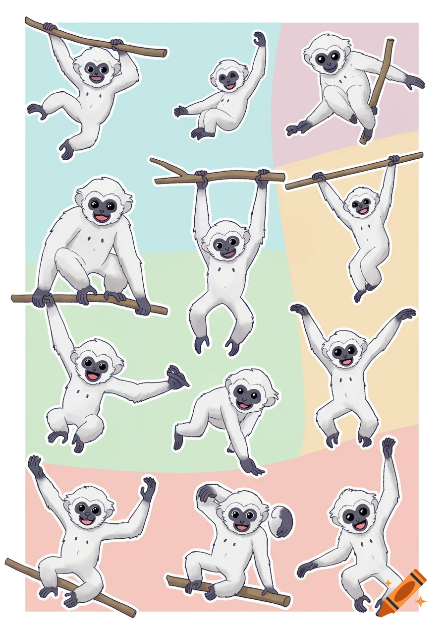 A collection of cute cartoon white-handed gibbon stickers in various playful poses against a colorful background.