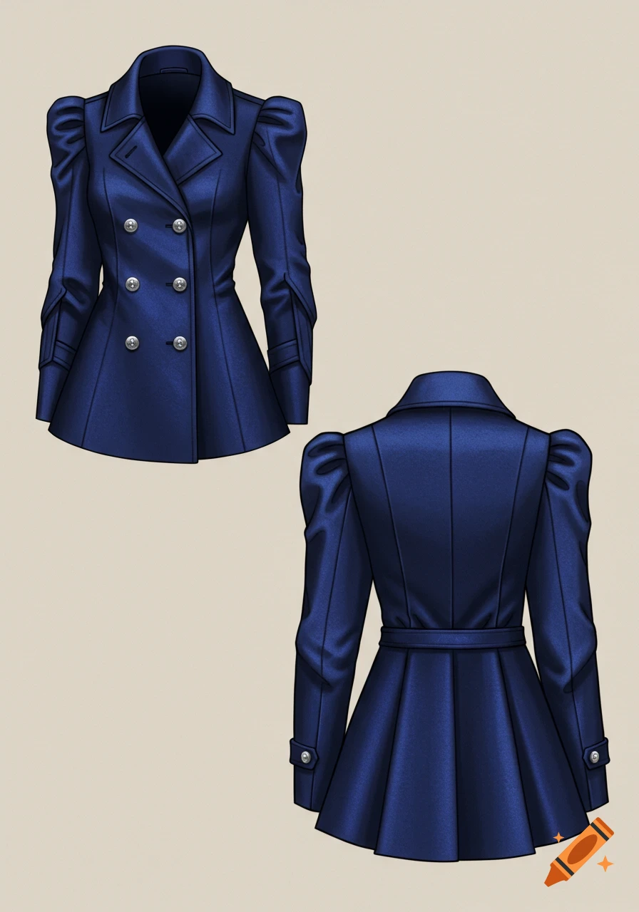 Front and back views of a dark blue double-breasted pea coat with puffed sleeves and silver buttons.