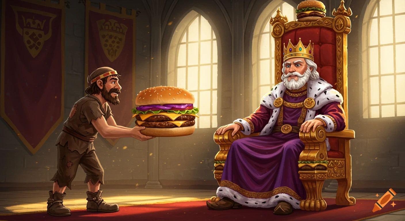 A peasant presents a giant hamburger to a king on a burger-themed throne in a castle hall, illustrated.