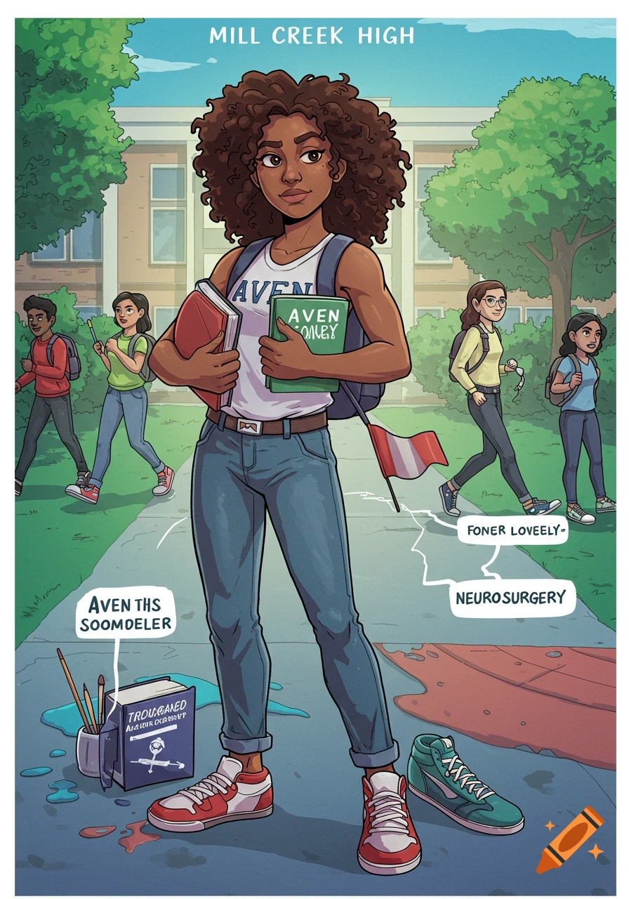 A cartoon illustration of a young Black woman with curly hair wearing a white t-shirt and jeans, holding books, standing in front of a school building. Other students walk in the background. She is depicted as a YA character.