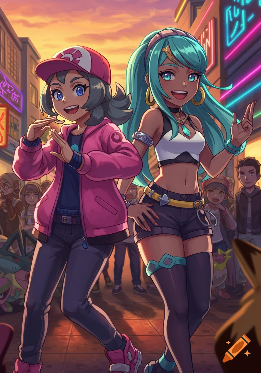 Two smiling anime-style girls, one in a pink jacket and baseball cap, and another with long teal hair in a crop top and shorts, stand on a vibrant city street with neon signs at sunset.