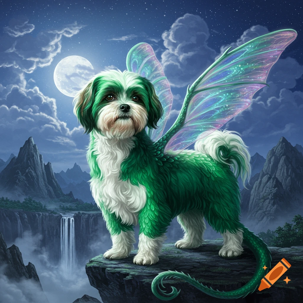 A green and white Shih Tzu with glowing wings and a dragon tail stands on a cliff overlooking a moonlit waterfall and mountains.