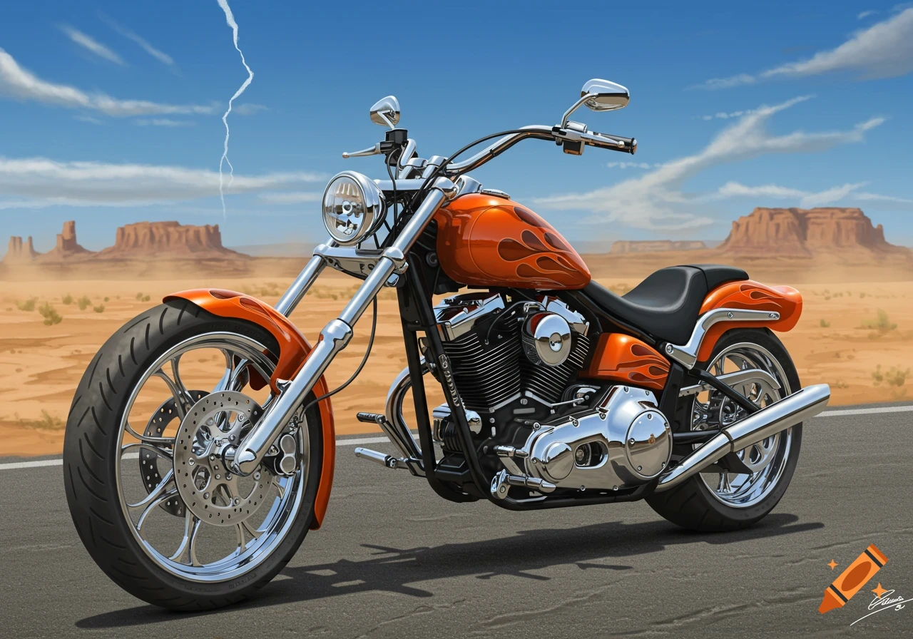 An orange and black chopper motorcycle with flame detailing parked on a road in a desert landscape with mesas under a blue sky with a lightning bolt.