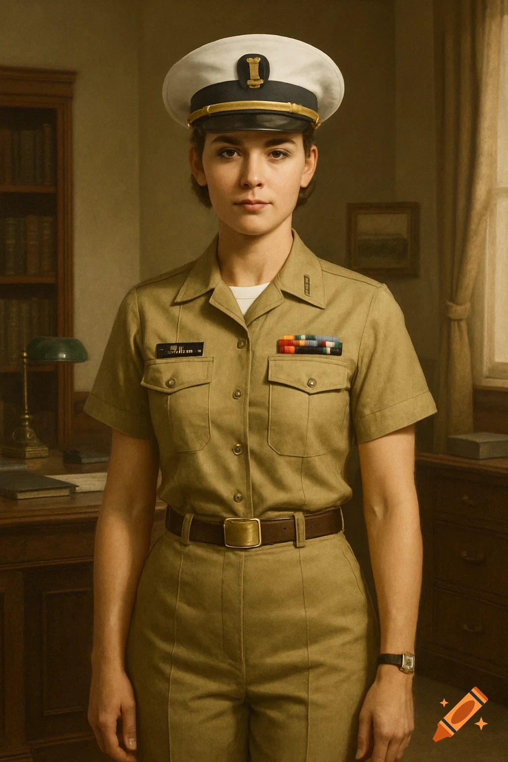 Photorealistic portrait of a woman in a khaki military uniform standing in an office.