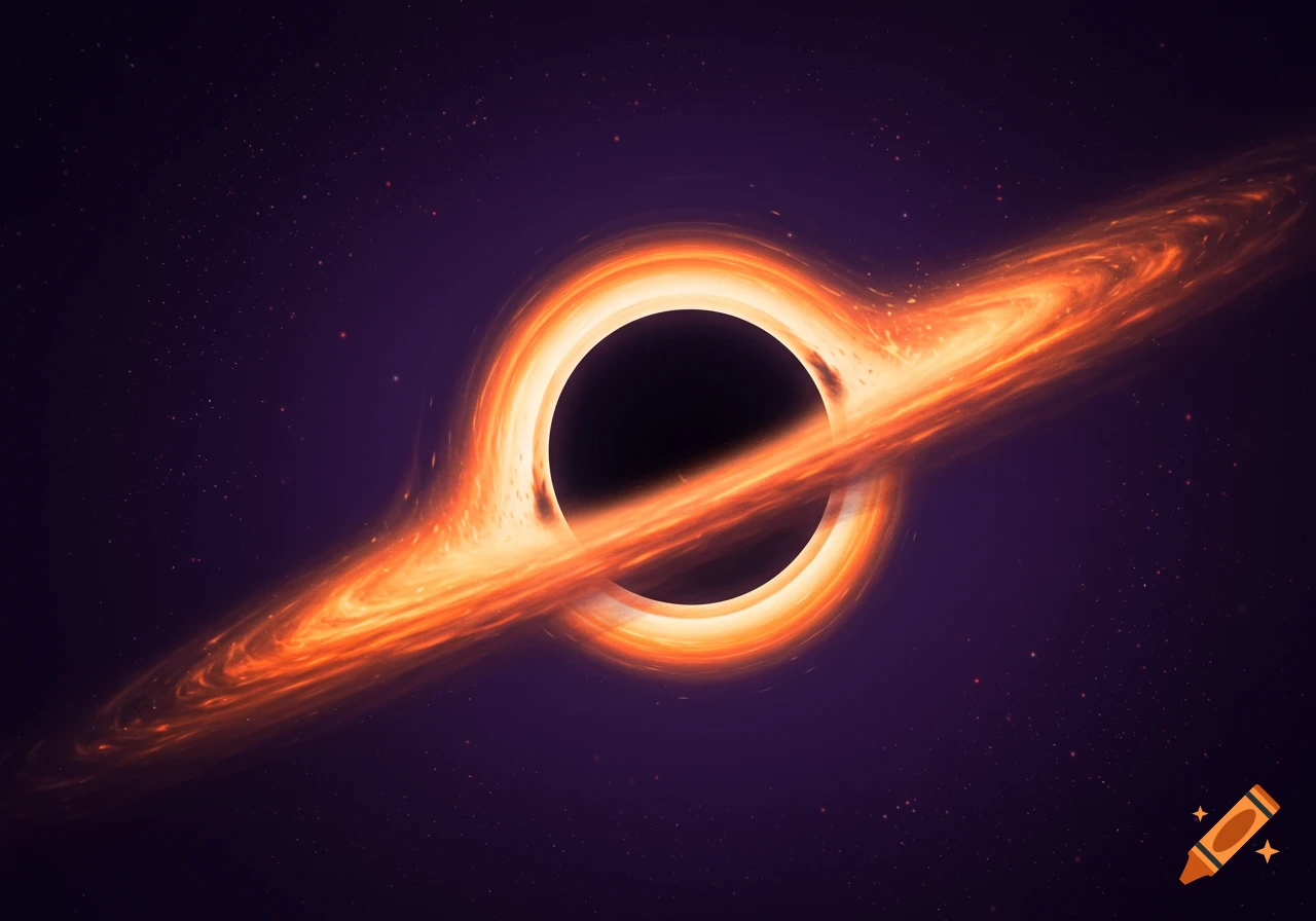 A black hole with a bright orange accretion disk centered against a dark purple starry background.