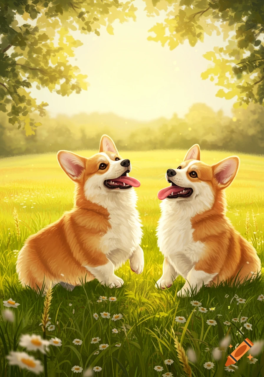 Two adorable corgi dogs sitting in a sunny green field with trees and flowers.