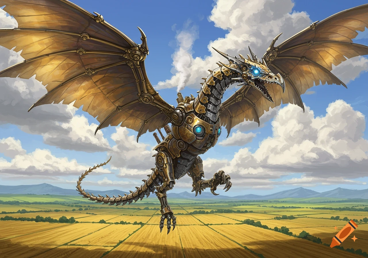 A detailed mechanical wyvern with golden wings flies over golden fields under a blue sky with clouds.