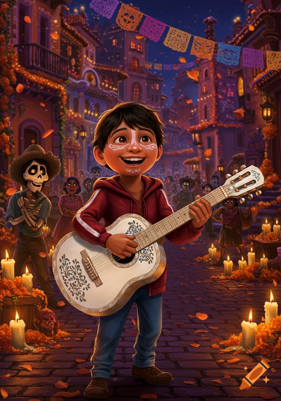 Cartoon boy Miguel from Coco plays guitar on a festive street with candles, marigolds, and skeleton figures.