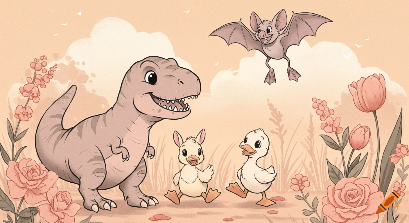 A playful, pastel-colored illustration of a smiling T-Rex, a bunny, a duckling, and a bat together in a flower-filled landscape.