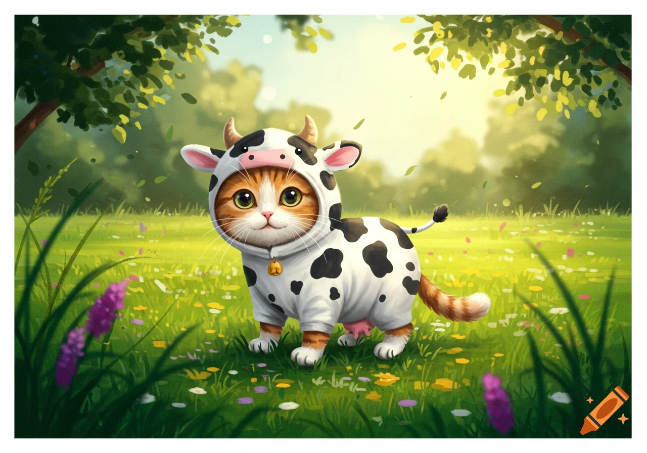 A cute tabby kitten wearing a cow costume, complete with an udder, standing in a sunny green field with flowers and trees.