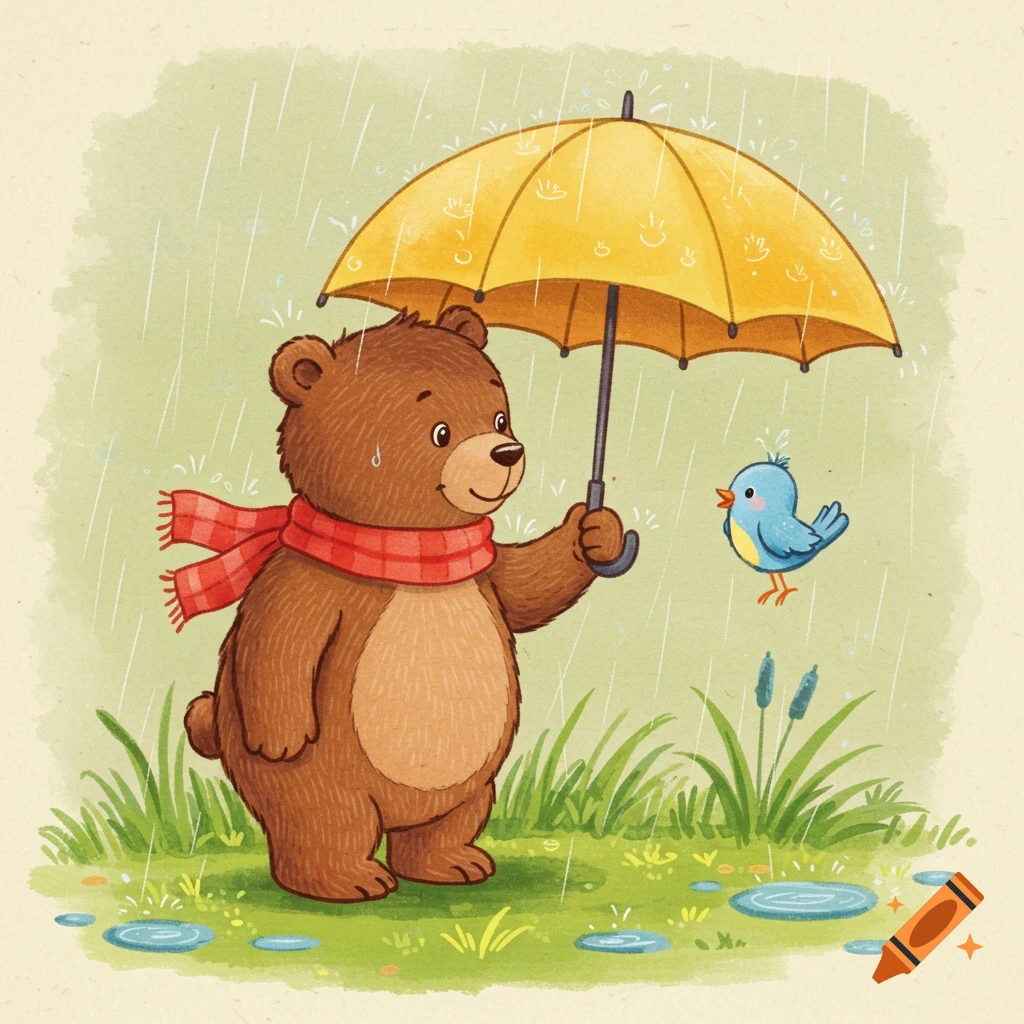 A cheerful brown bear cub wearing a red scarf holds a yellow umbrella over a small blue bird in the rain, in a watercolor cartoon style.