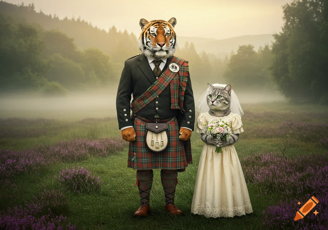 A photorealistic image of a tiger in a kilt standing beside a cat in a wedding dress, in a misty field with purple flowers.