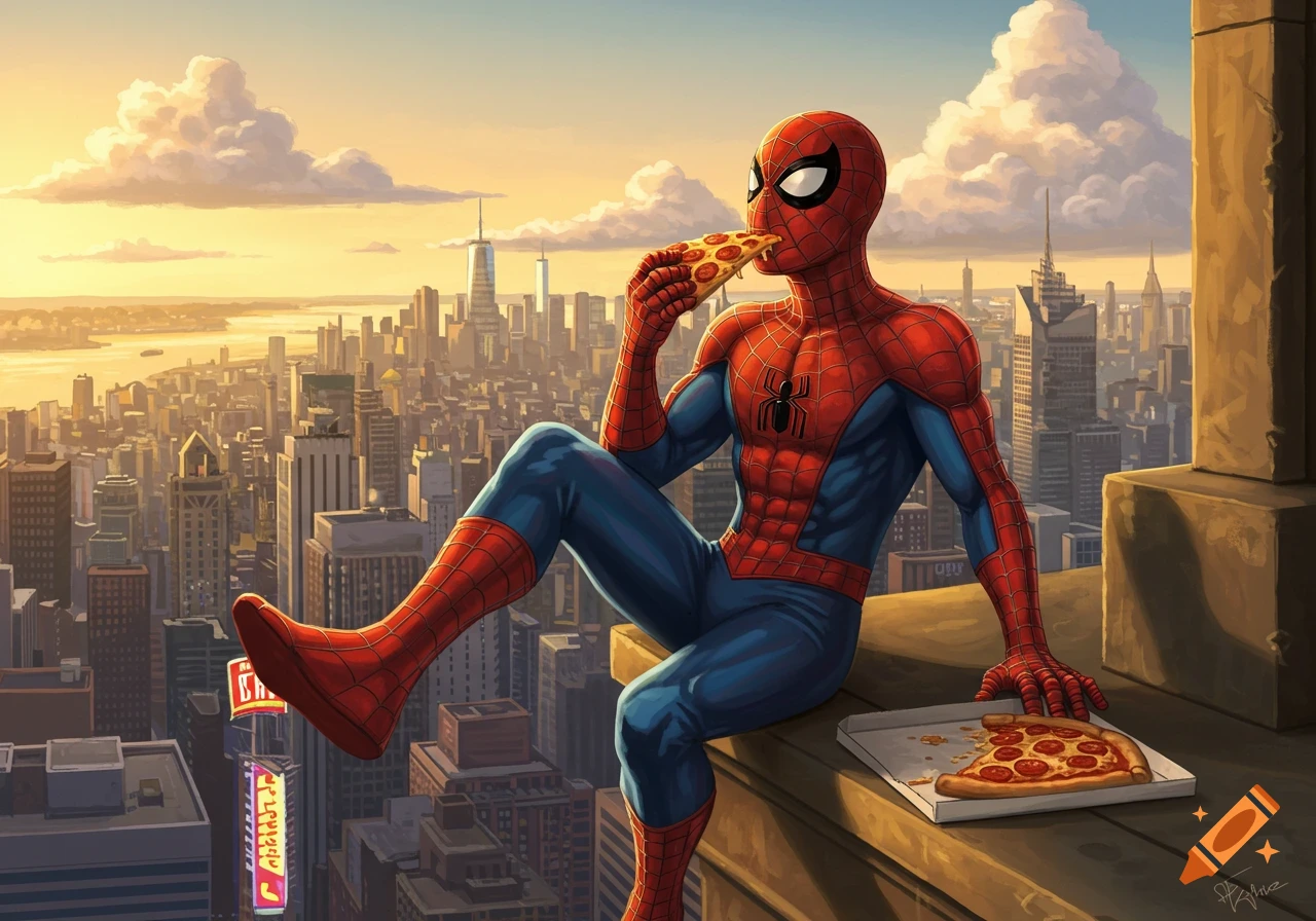 Spider-Man sits on a rooftop eating a slice of pepperoni pizza, overlooking a vast city skyline at sunset.