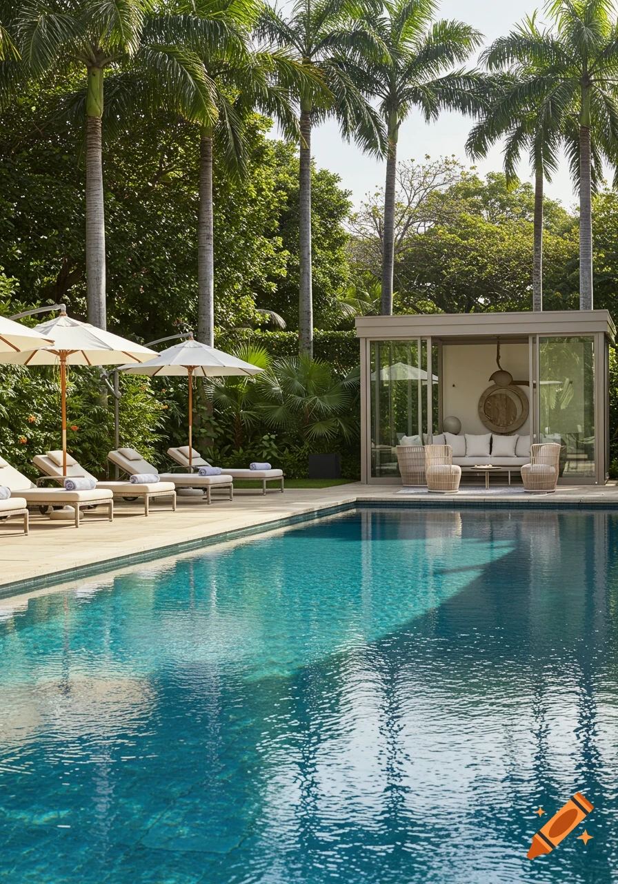 A resort swimming pool with lounge chairs and umbrellas, surrounded by tall palm trees and lush greenery, with a modern cabana at the far end.