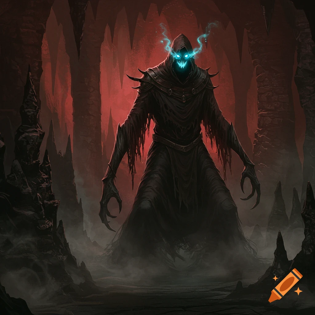 A menacing hooded creature with glowing blue eyes and sharp claws stands in a dark, red-lit cave with mist.