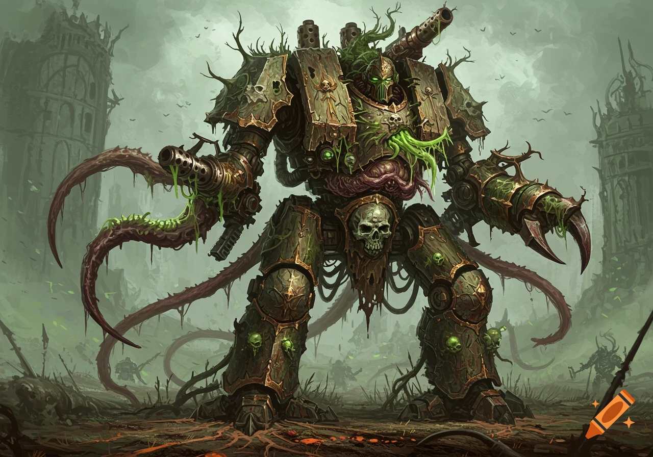 A grotesque, armored biomechanical war machine, adorned with roots, glowing green fungi, skulls, and exposed organs, stands in a desolate, foggy battlefield with ruined buildings.