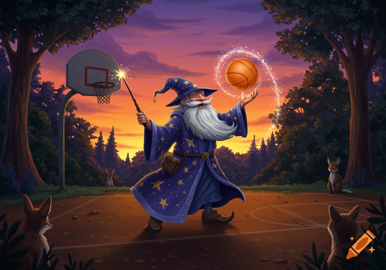 A friendly wizard in a starry robe uses a magic wand to levitate a glowing basketball on an outdoor court at sunset, with foxes watching.