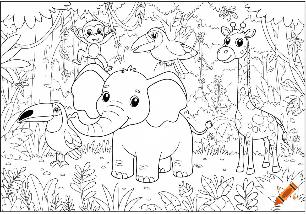 A black and white line art coloring page featuring an elephant, giraffe, monkey, and two toucans in a jungle scene.