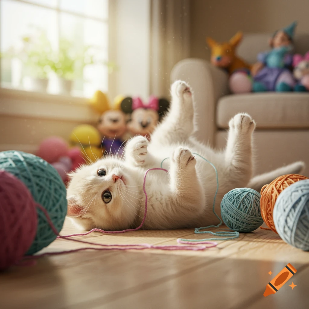 A cute white kitten lies on its back, playing with colorful yarn balls on a wooden floor, with blurred Disney toys in the background.