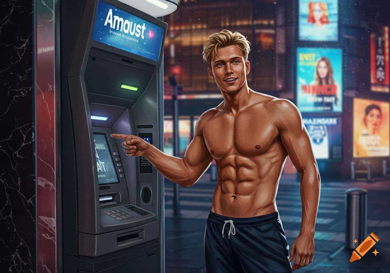A muscular man with blonde hair, wearing black shorts, points at an ATM machine on a city street at night. The ATM screen shows "Amaust".