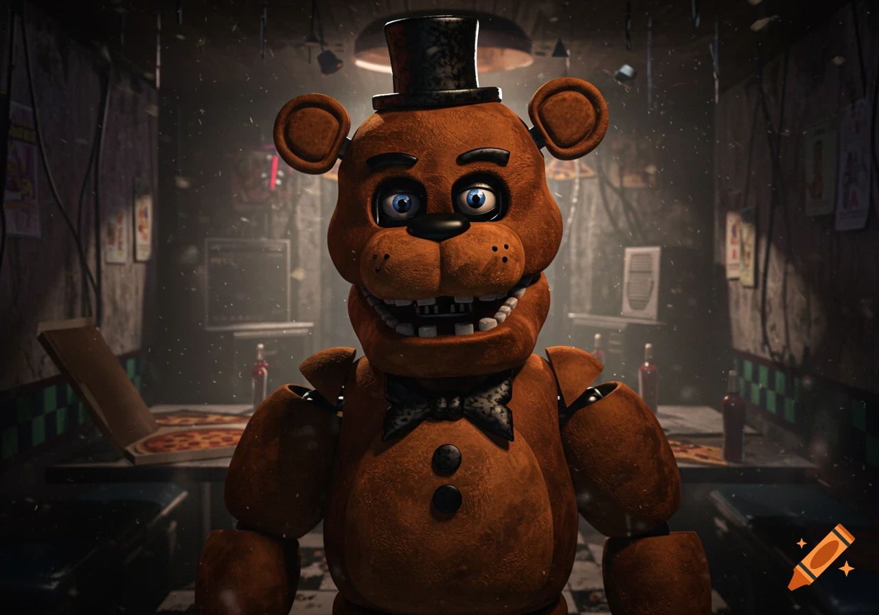 Freddy Fazbear, a brown animatronic bear with a top hat and bowtie, stands in a dark, dim-lit pizzeria.