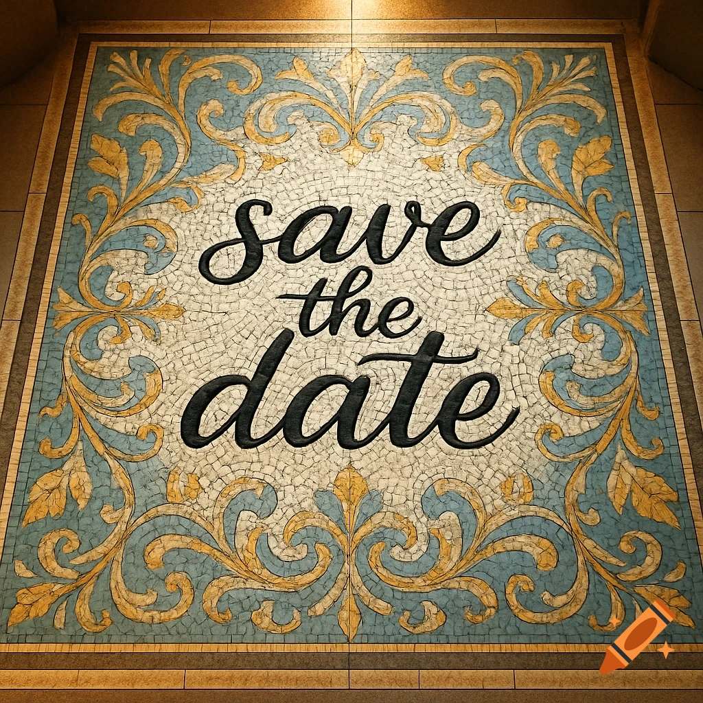 Hand-laid entrance tile mosaic with 'save the date' in cursive, surrounded by blue and gold floral patterns.