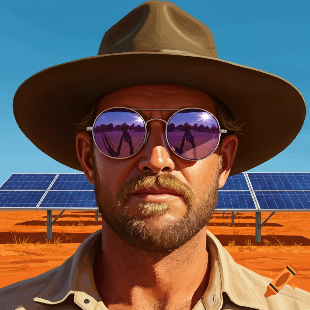 A stylized portrait of a man in a slouch hat and purple sunglasses, with solar panels and a desert landscape reflected in his lenses.