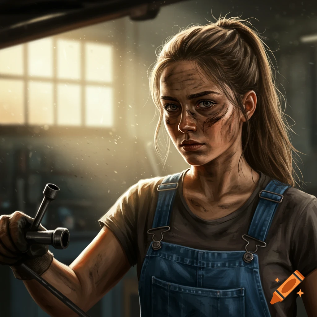A dirty young woman with a ponytail in overalls holds a wrench in a garage, photorealistic style.