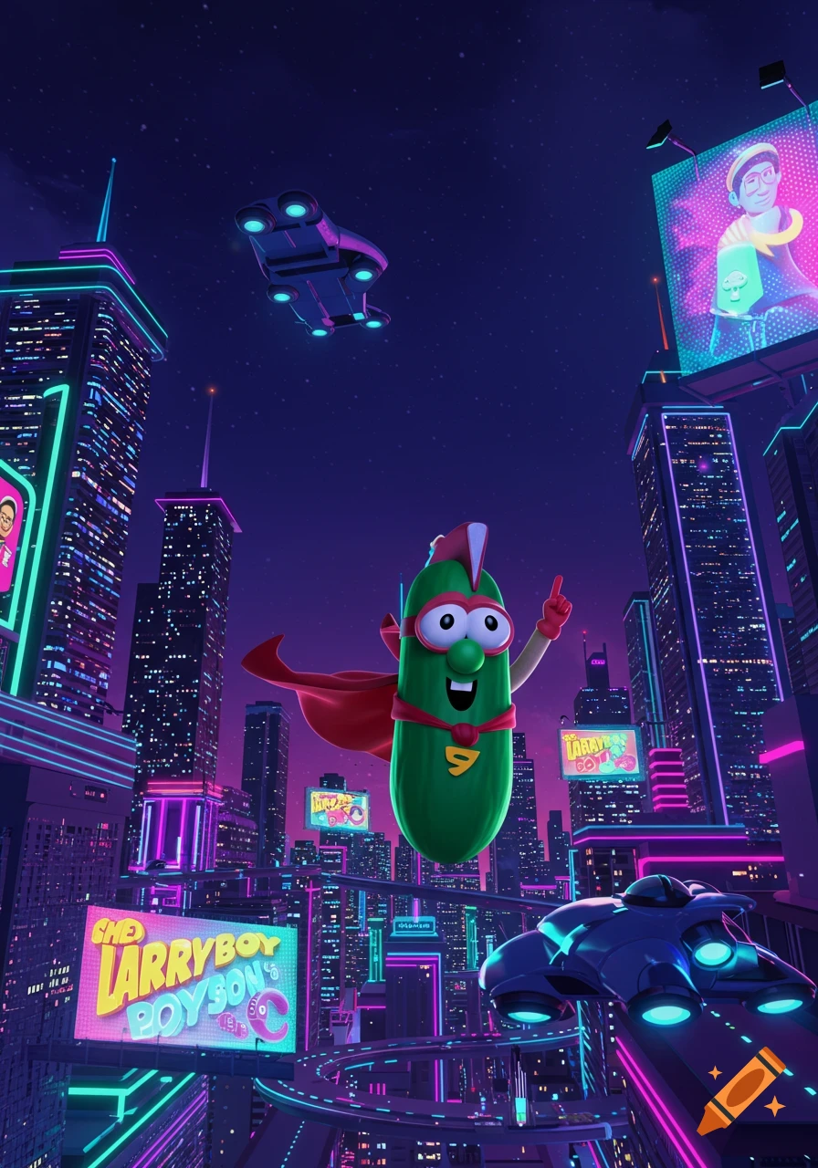 LarryBoy, a green pickle-like superhero, flies above a vibrant, neon-lit futuristic city at night with flying cars.