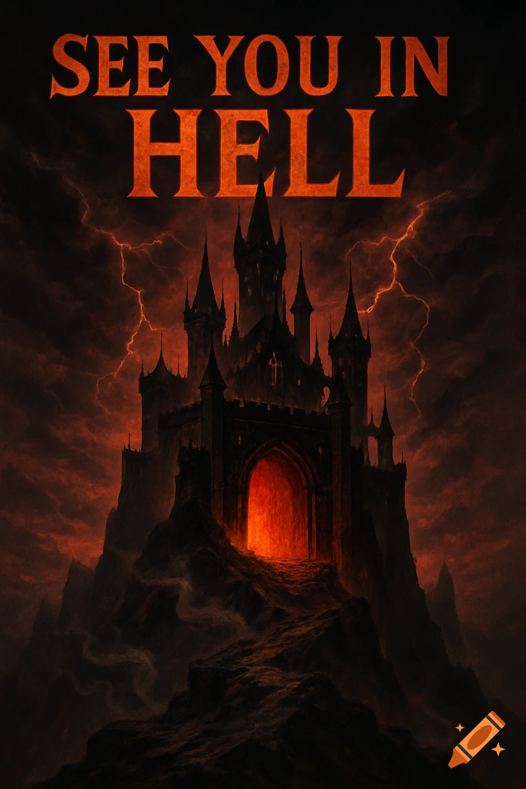 An ominous, dark castle with a glowing entrance on a mountain, under a stormy red sky with lightning, featuring the text "SEE YOU IN HELL."