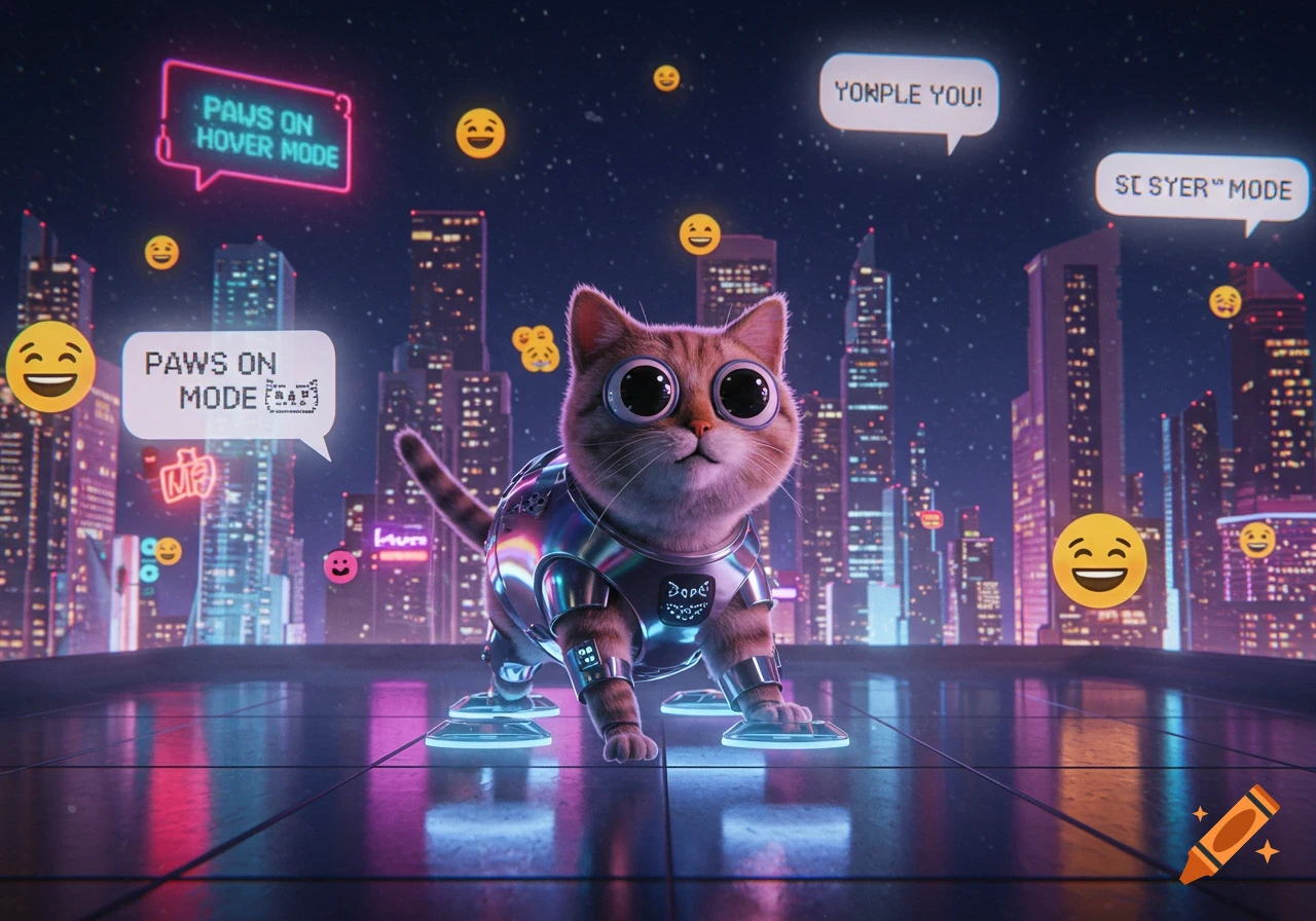 A cute, big-eyed ginger cat in a shiny metallic futuristic suit stands on a glowing platform against a neon city skyline at night, with social media emojis and text bubbles floating around it.