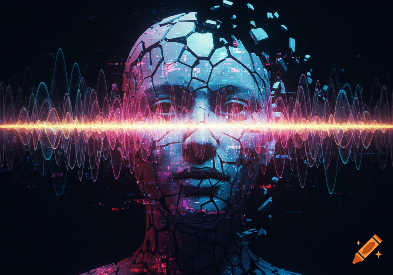 A stylized human head, fractured and glowing with digital patterns, intersected by vibrant pink and yellow soundwaves against a dark background.