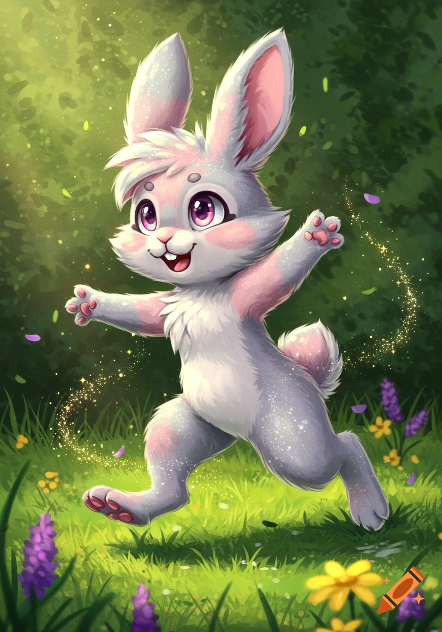 A cute cartoon bunny with pink inner ears and cheeks, large eyes, and sparkling fur, frolicking in a lush green meadow with flowers and magic dust.