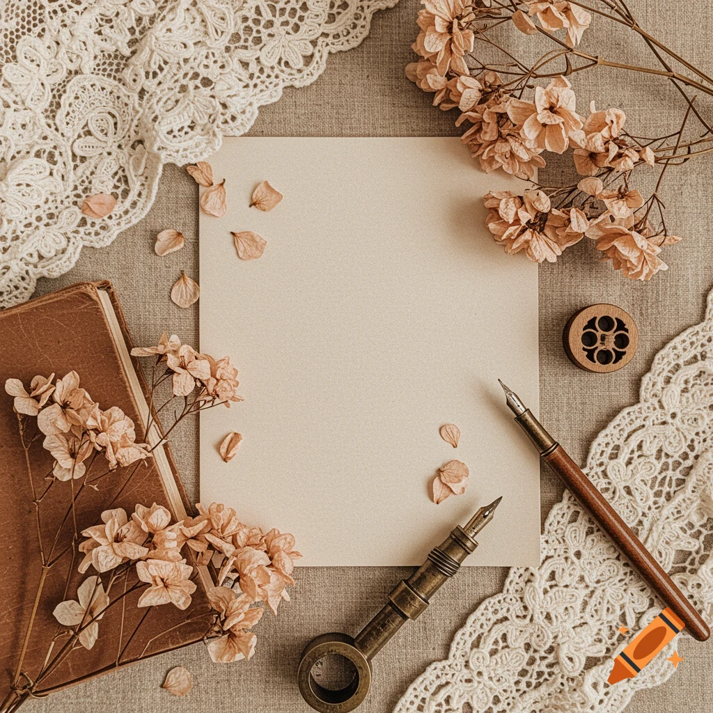 A soft beige flat lay features an old book, dried flowers, lace, and two vintage fountain pens on a textured background.