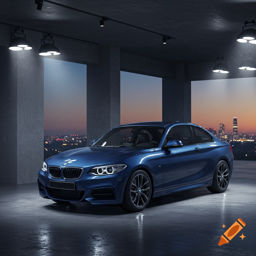 A dark blue BMW 2 Series coupe parked in a modern garage with a city skyline at dusk.