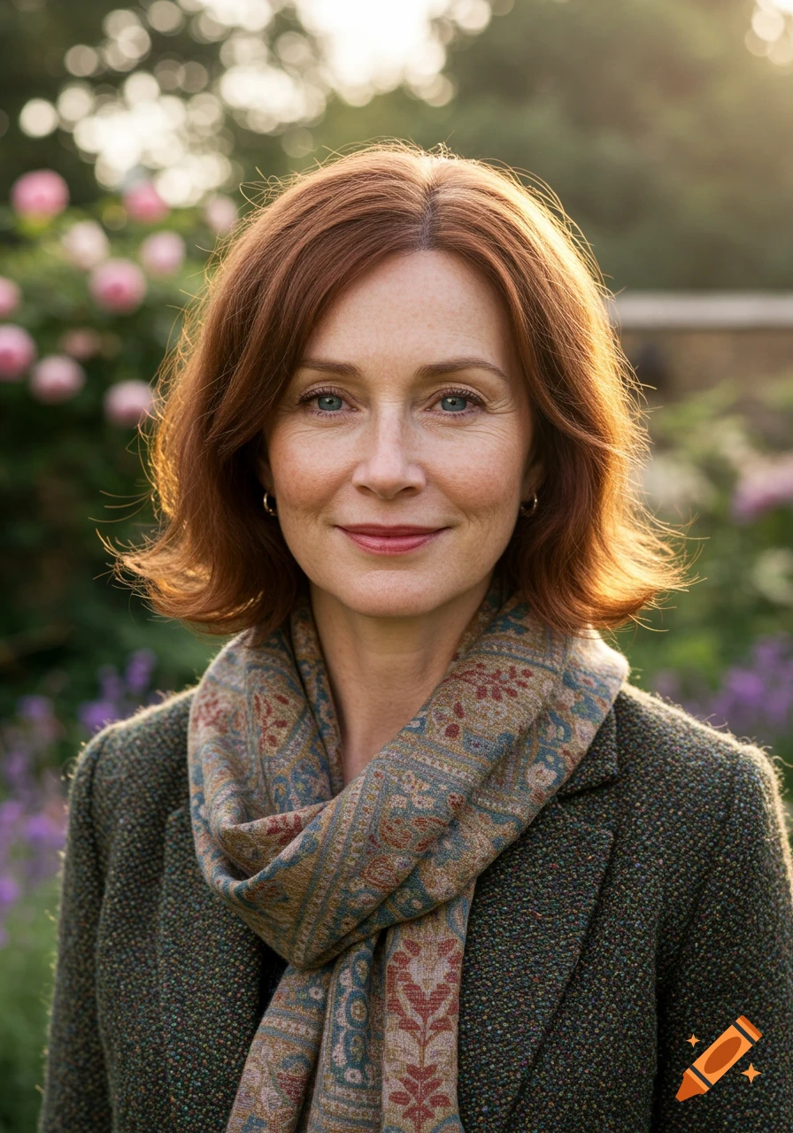 A smiling woman with red hair and blue eyes wears a patterned scarf and tweed jacket in a sunlit garden.