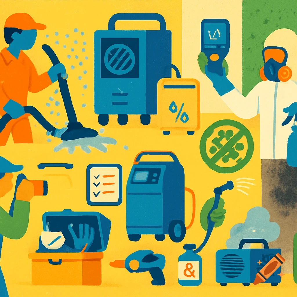 Flat, stylized illustration showing various cleaning and restoration tools and figures, including a technician with a wet vac, a person in a hazmat suit, and symbols for mold prevention and humidity.