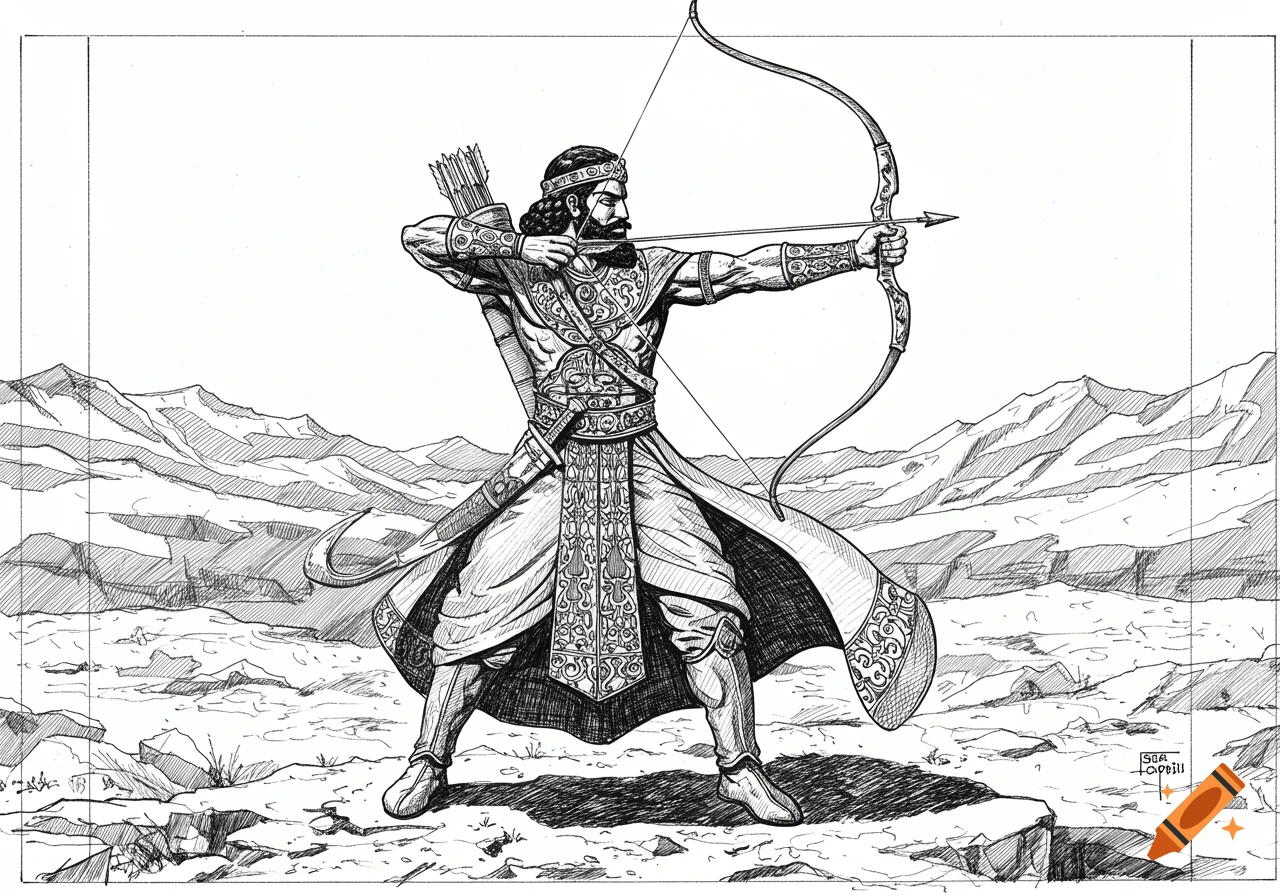An ancient Persian hero aims a bow in a desert landscape, black and white cross-hatching line art.